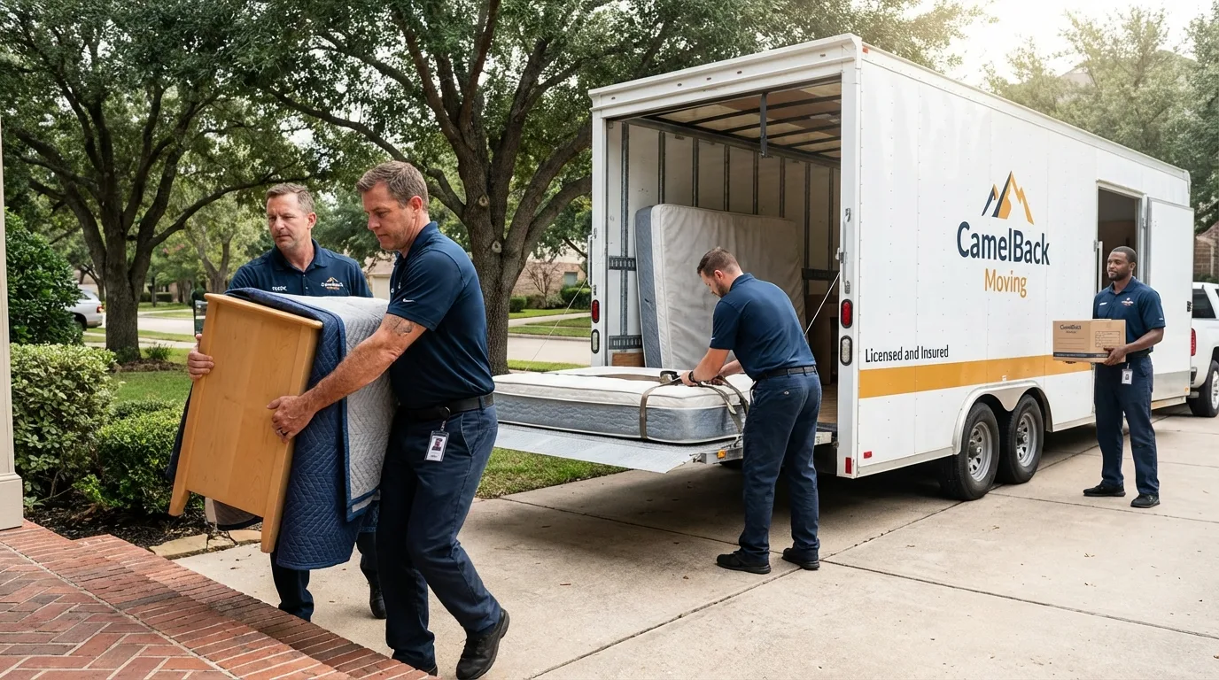 Crew loading residential truck for cross-state move from Oxford, NC