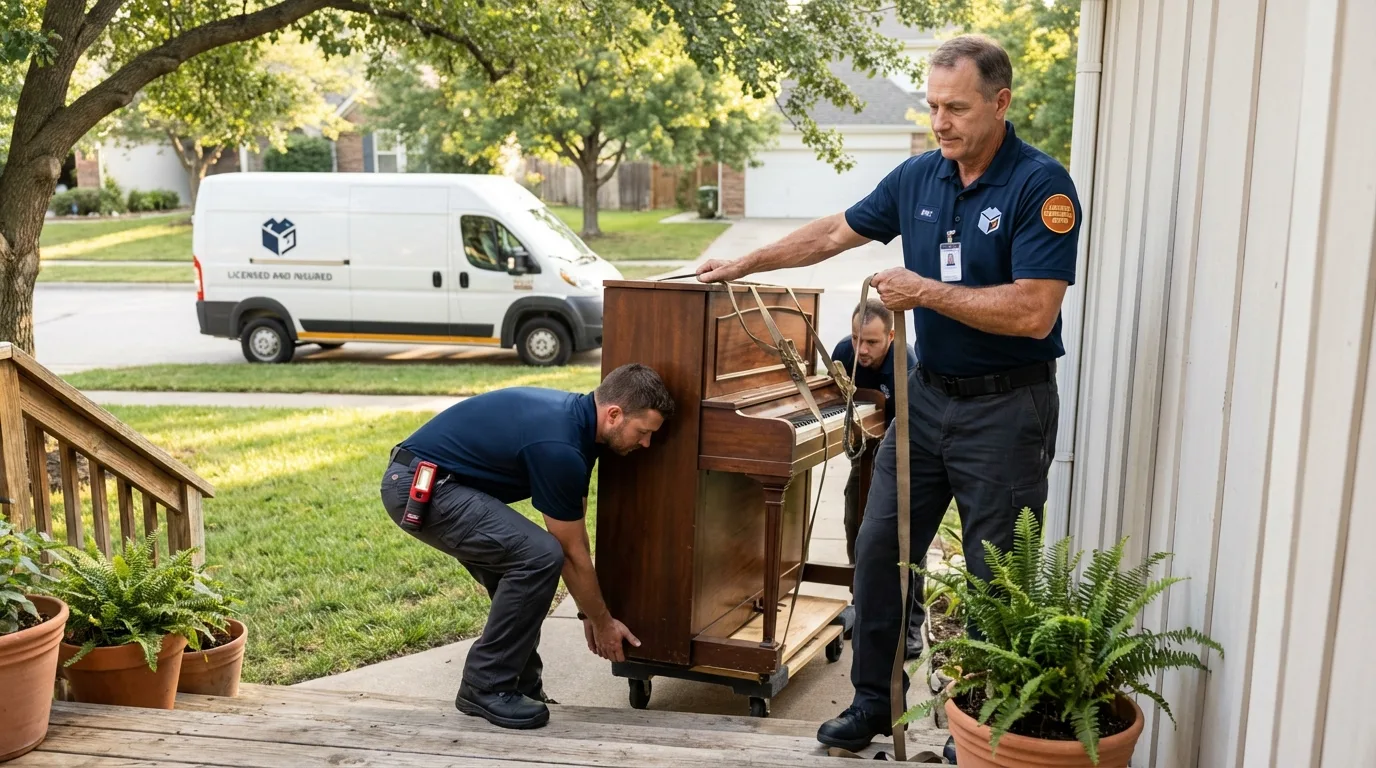 Licensed piano movers securing grand piano in Oxford, NC