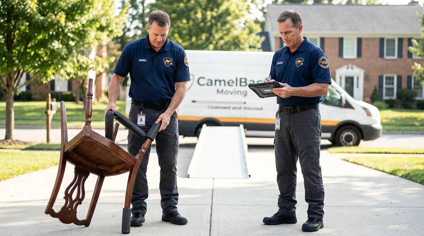Movers inspecting furniture for damage prevention before loading in Oxford, NC