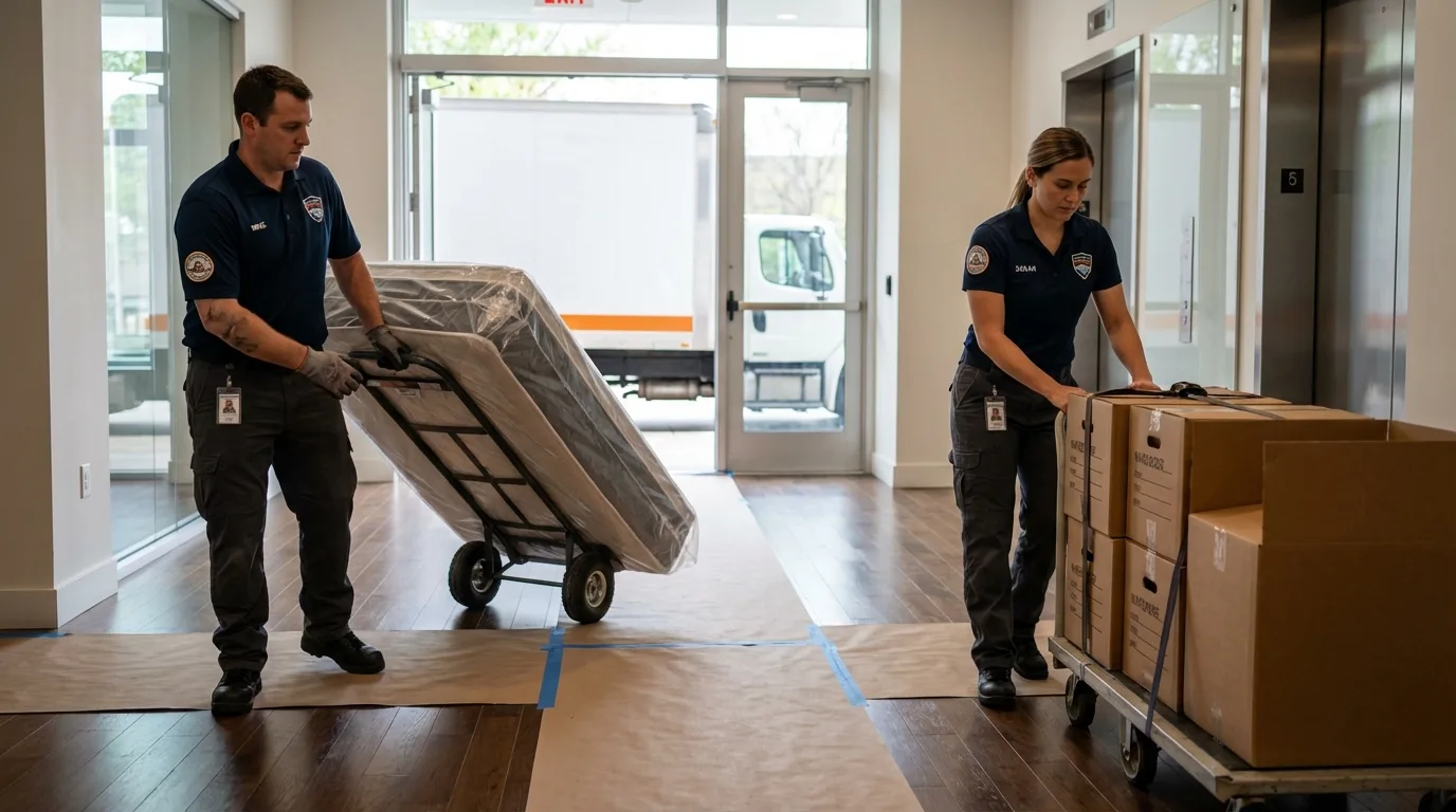 Professional apartment movers loading elevator in Oxford, NC